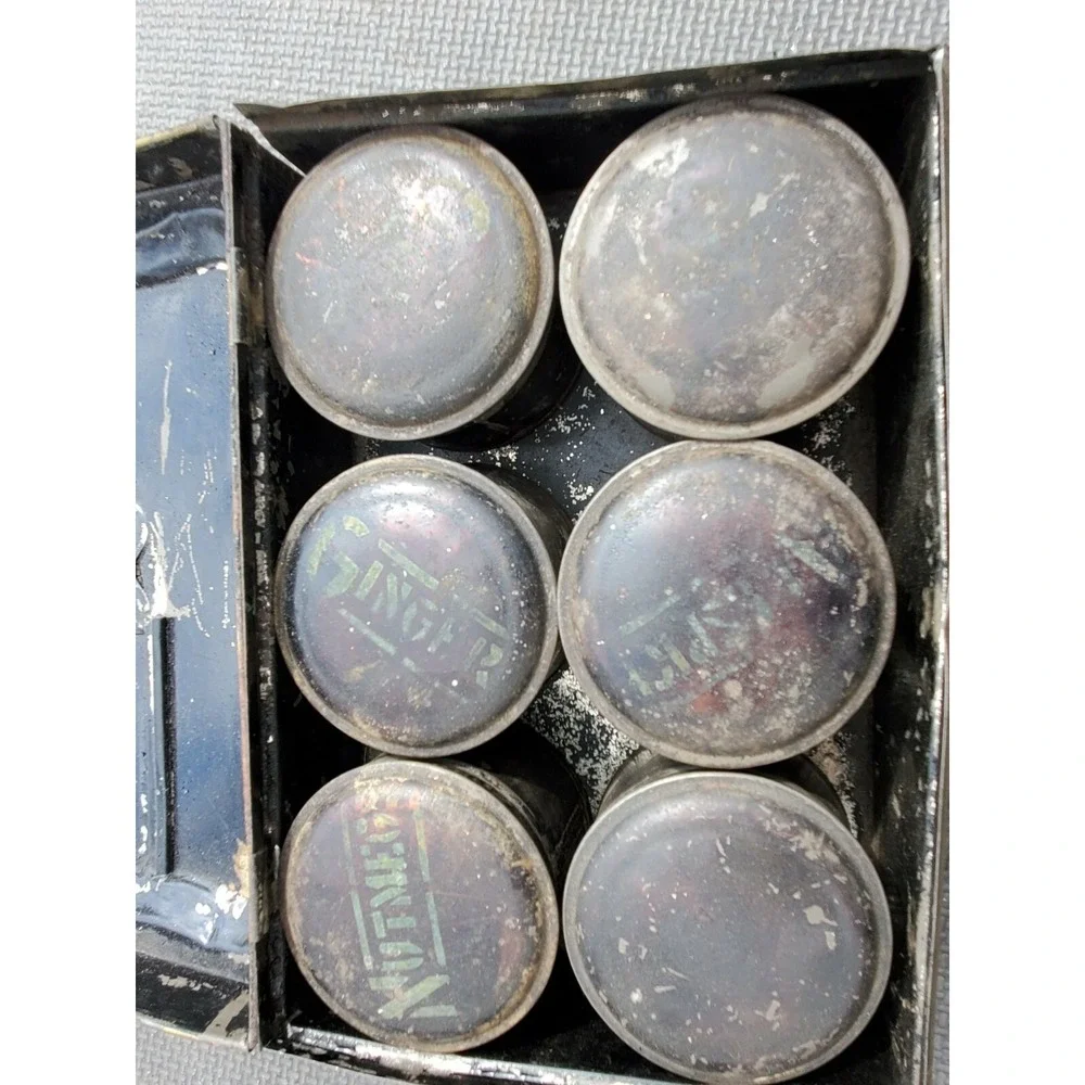 ANTIQUE TIN SPICE CANISTER‎ SET in BOX travel